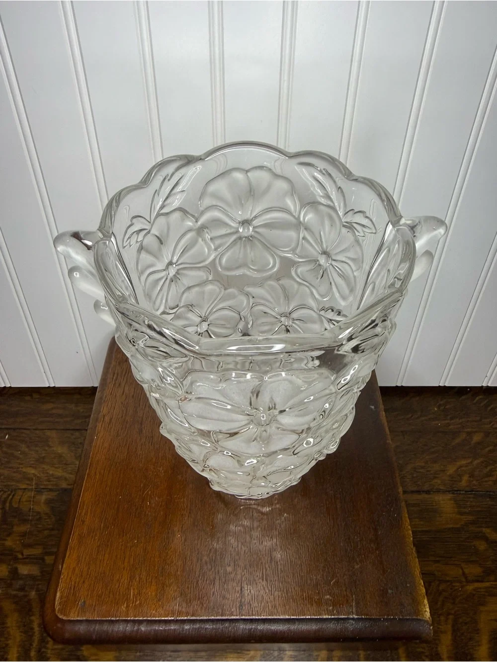 9.5” Studio Nova Frosted Pansy Bouquet Frosted Clear Glass Vase Winged Handles